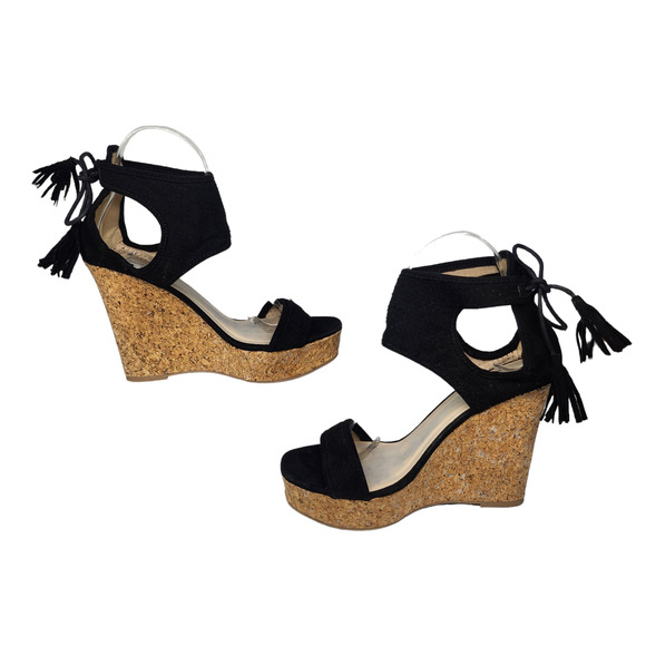 Black Boho Wedge Heels Womens 7.5 Platform Tassel Peep Toe Dressy Evening - Picture 2 of 10